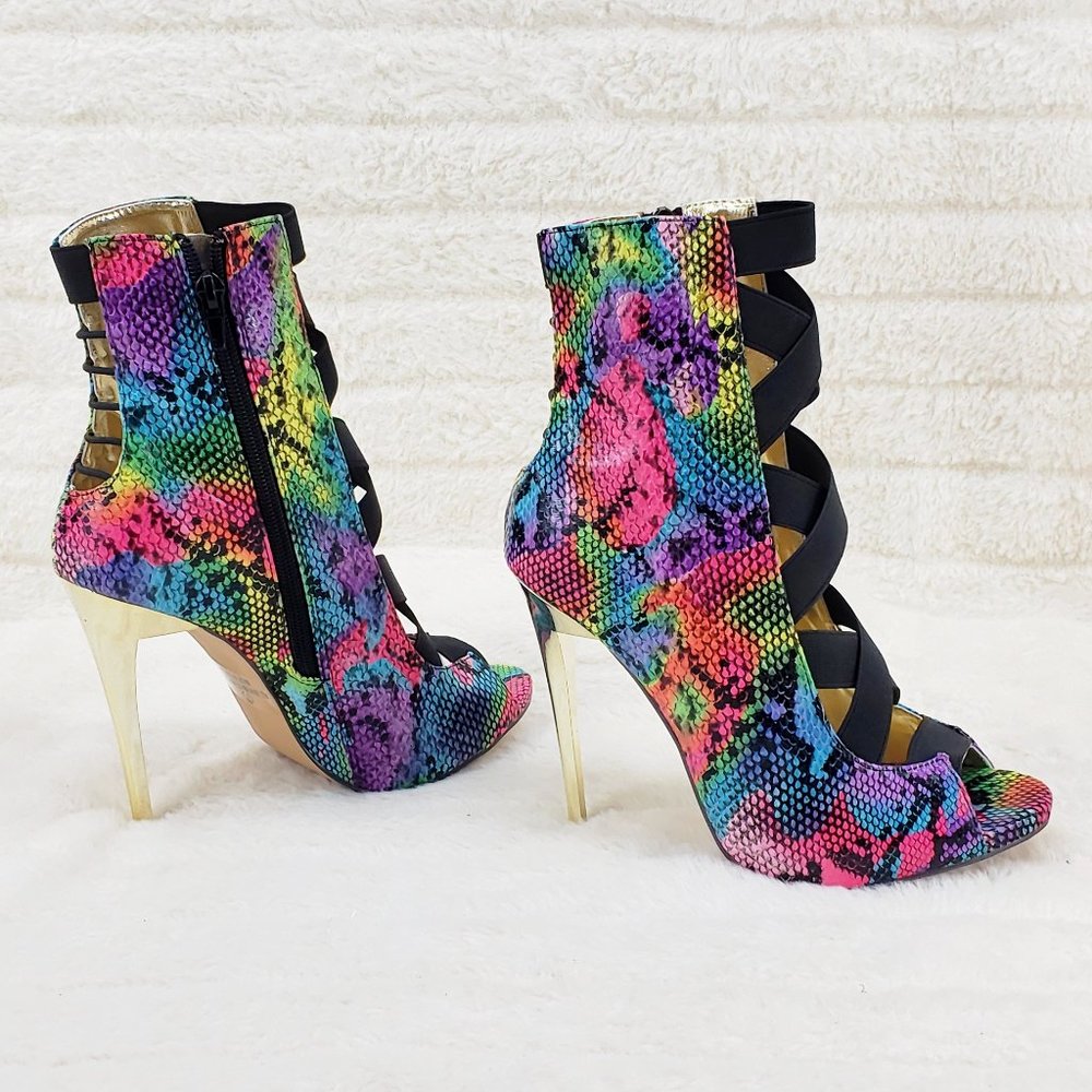 Bright Rainbow Snake Elastic Strap Gold Tone High Heel Stiletto Ankle Boots